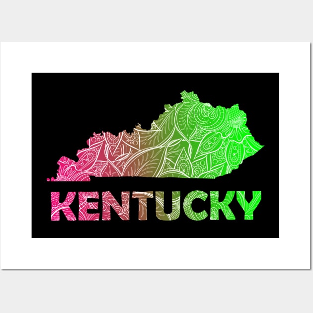 Colorful mandala art map of Kentucky with text in pink and green Wall Art by Happy Citizen